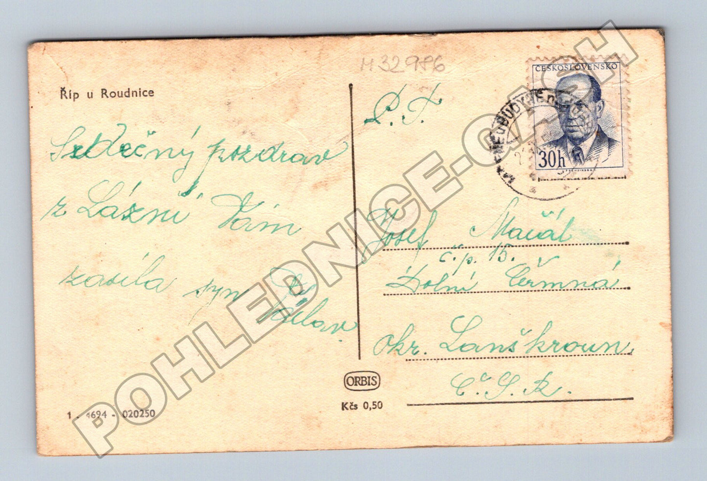 Pohlednice Říp u Roudnice krajina pole seno cca 1940 (M32986)