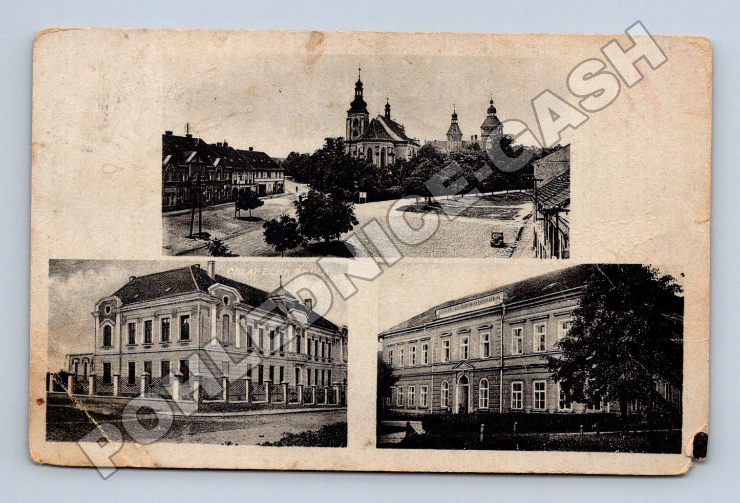 Pohlednice Smečno kostel náměstí Chlapecká škola (M33024)