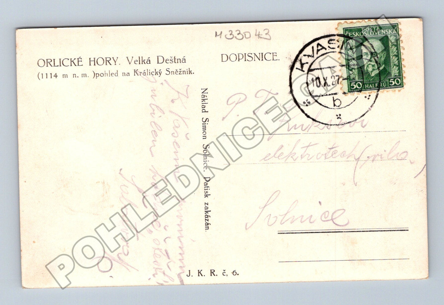 Pohlednice Orlické hory Velká Deštná zimní krajina 1927 (M33043)