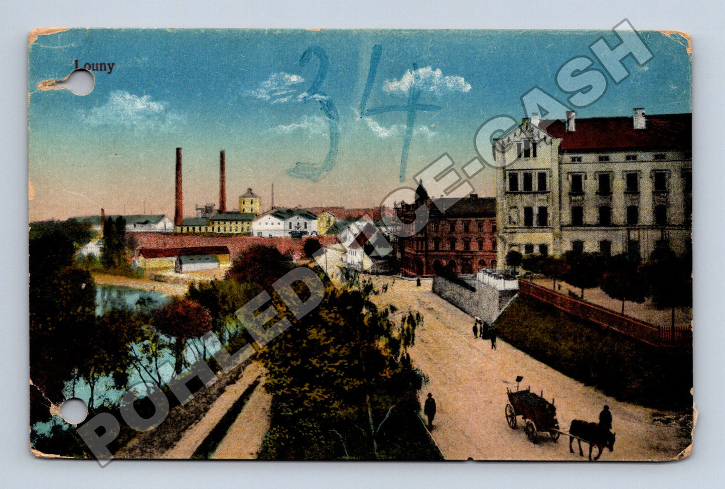 Pohlednice Louny panorama s průmyslem a povozem 1920 (M33050)