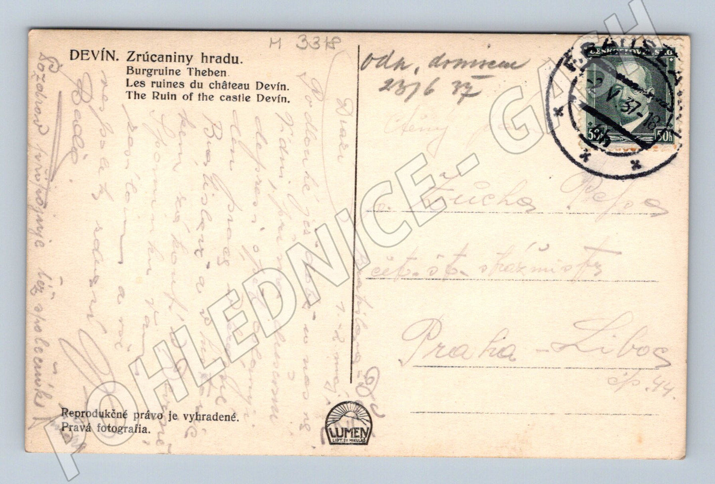 Pohlednice Devín zřícenina hradu 1937 (M3318)