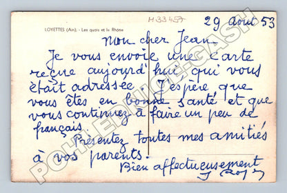 Pohlednice Francie Loyettes nábřeží a kostel 1953 (M33457)