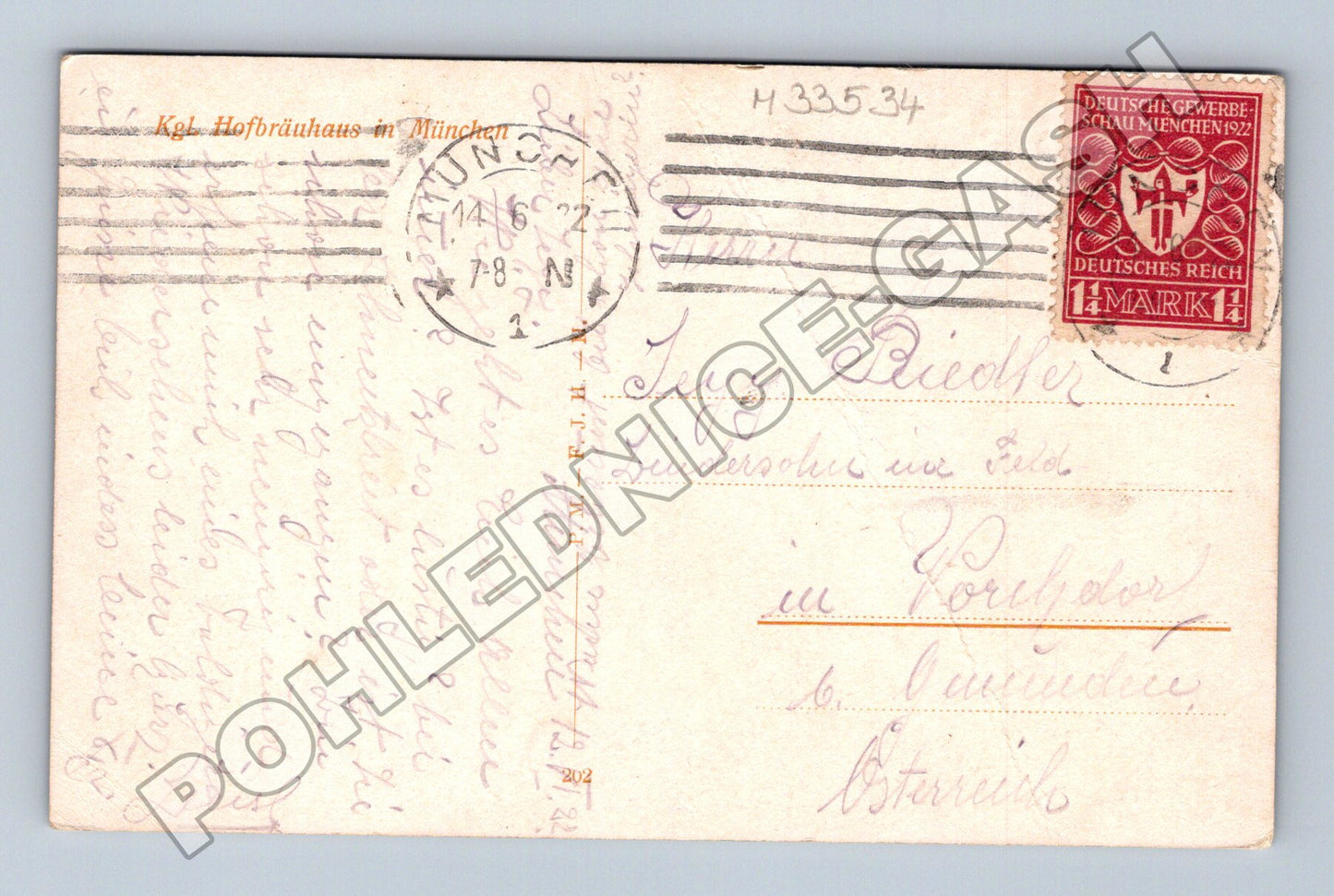 Pohlednice Německo Hofbräuhaus Mnichov 1922 (M33534)