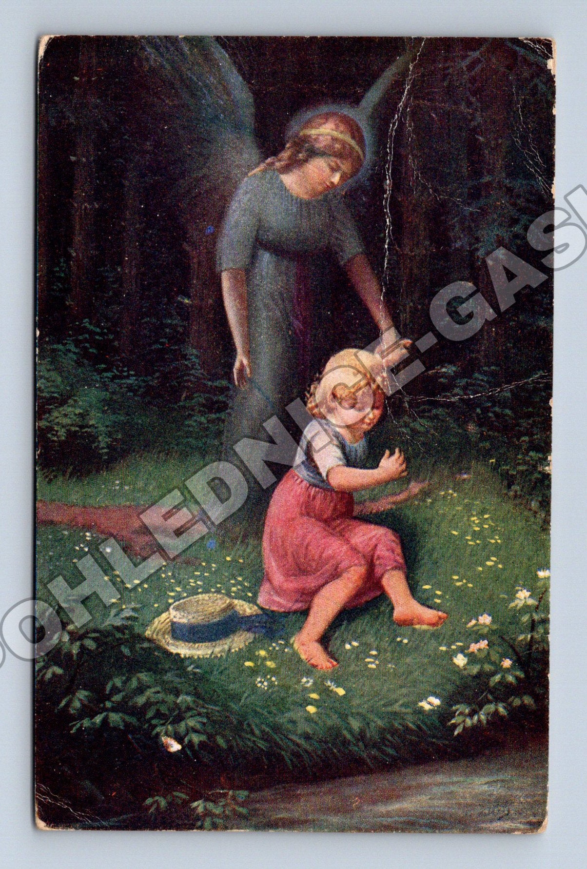 Pohlednice Anděl strážný s dítětem v květinách (M33694)