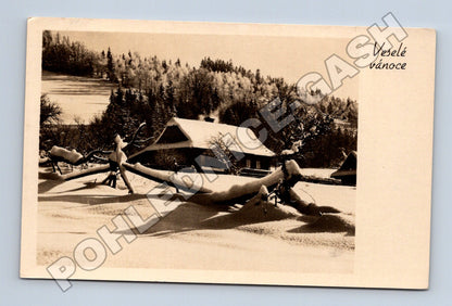 Pohlednice zimní krajina chalupa Veselé vánoce 1937 (M33745)