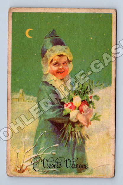 Pohlednice Veselé Vánoce s dítětem a květinami 1945 (M33769)