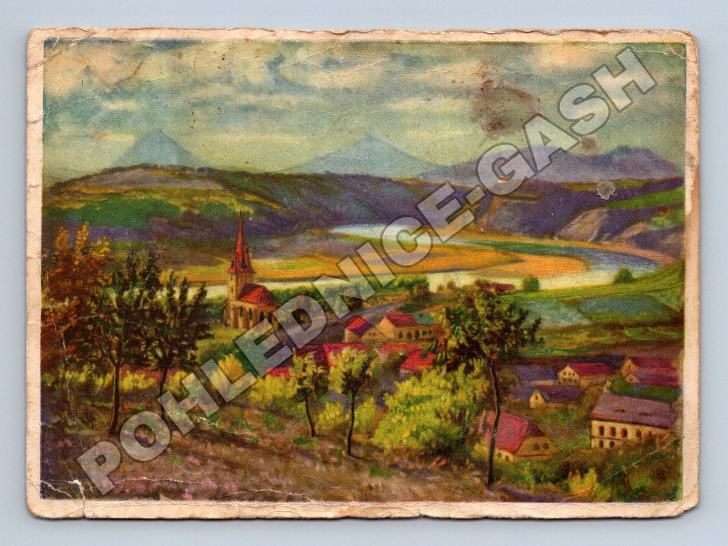 Pohlednice Velké Žernoseky údolí Labe kostel 1937 (M33834)
