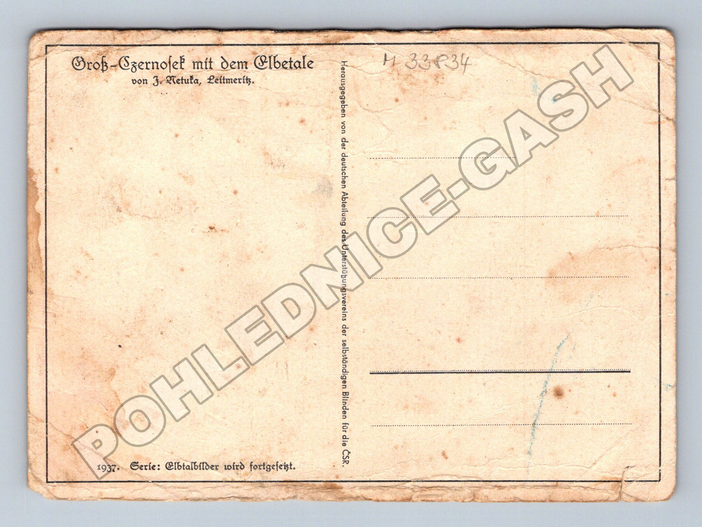 Pohlednice Velké Žernoseky údolí Labe kostel 1937 (M33834)