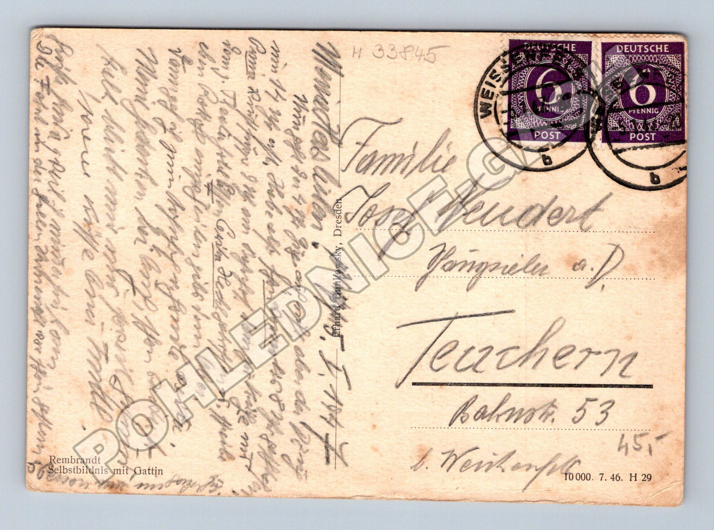 Pohlednice Německo Rembrandt Autoportrét se Saskií 1946 (M33845)