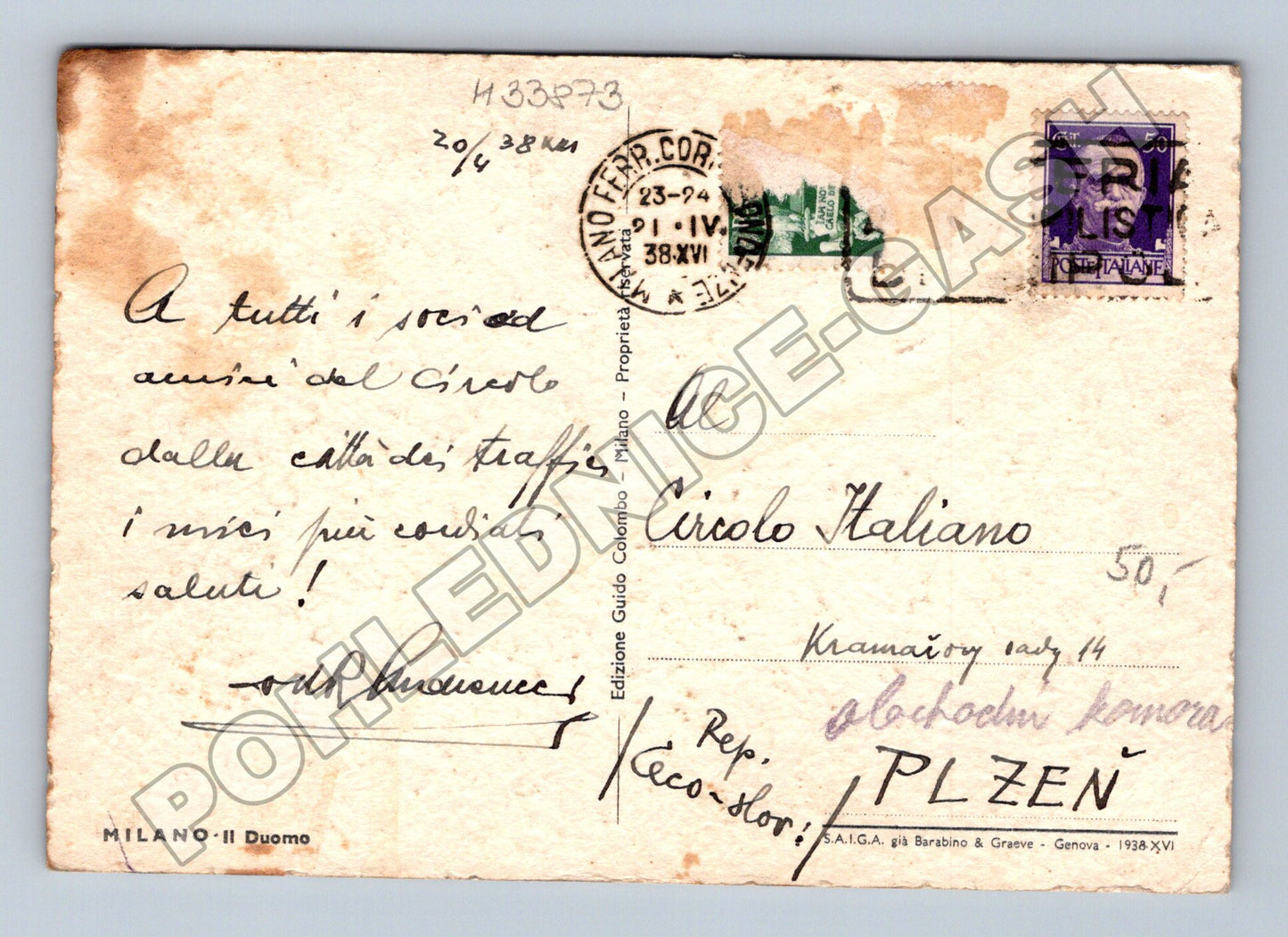 Pohlednice Itálie Milano Duomo s tramvajemi 1938 (M33873)