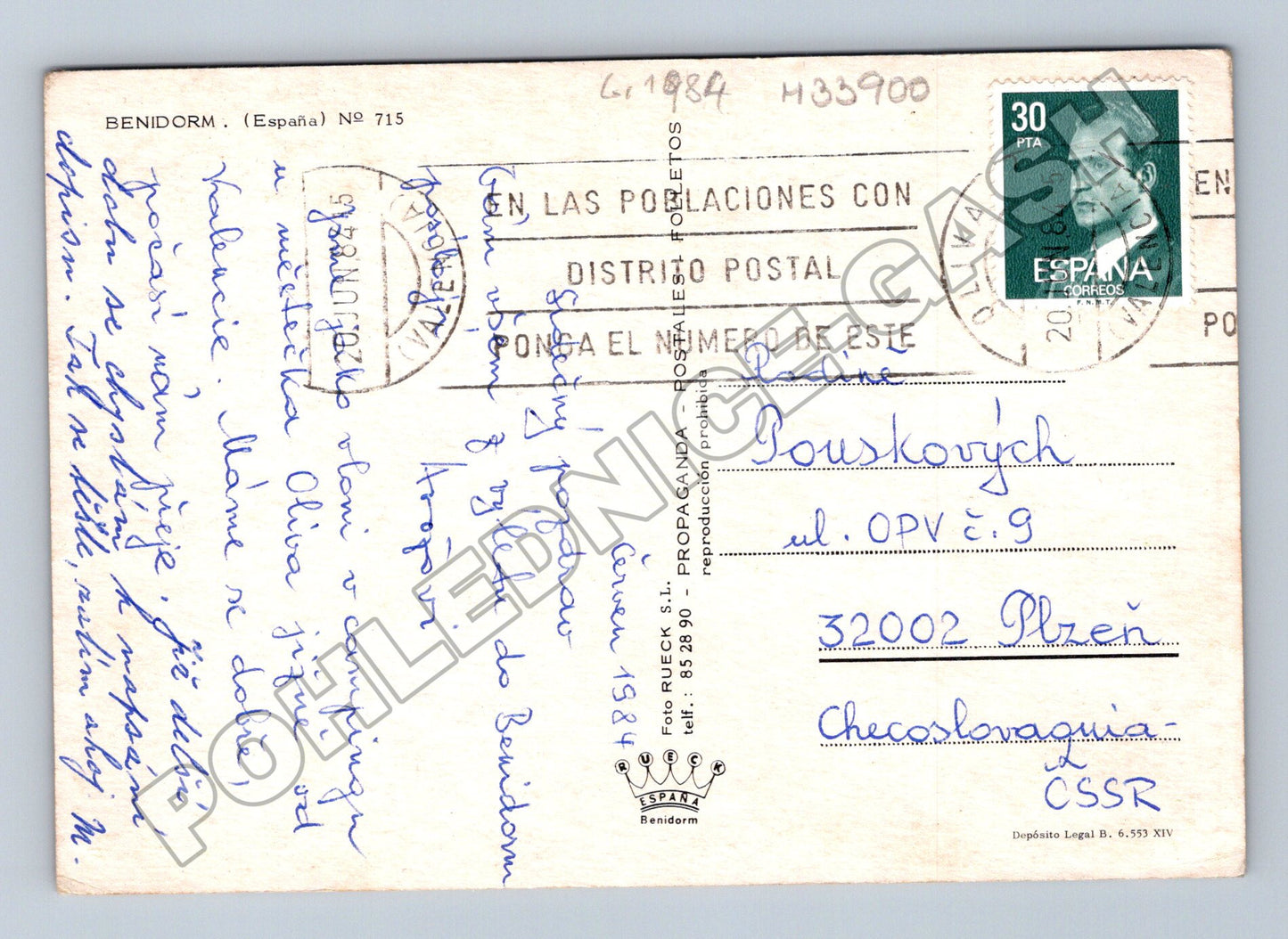Pohlednice Španělsko Benidorm pláž s palmou 1984 (M33900)