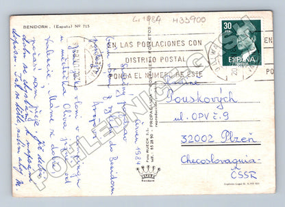 Pohlednice Španělsko Benidorm pláž s palmou 1984 (M33900)