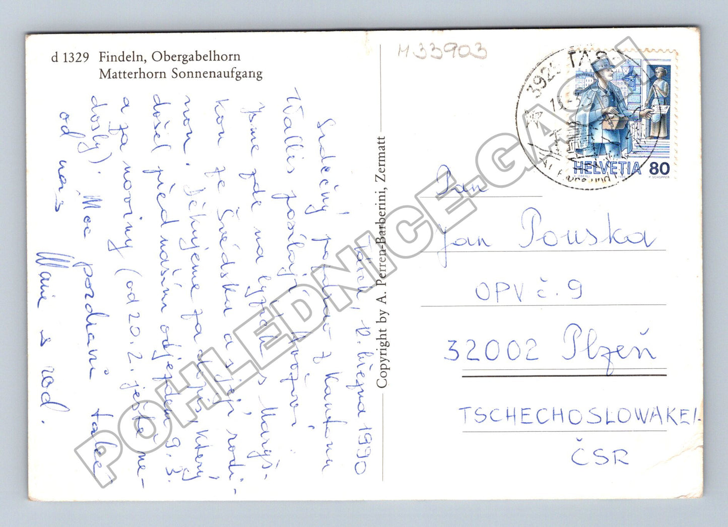 Pohlednice Švýcarsko Findeln Matterhorn chalupy 1990 (M33903)
