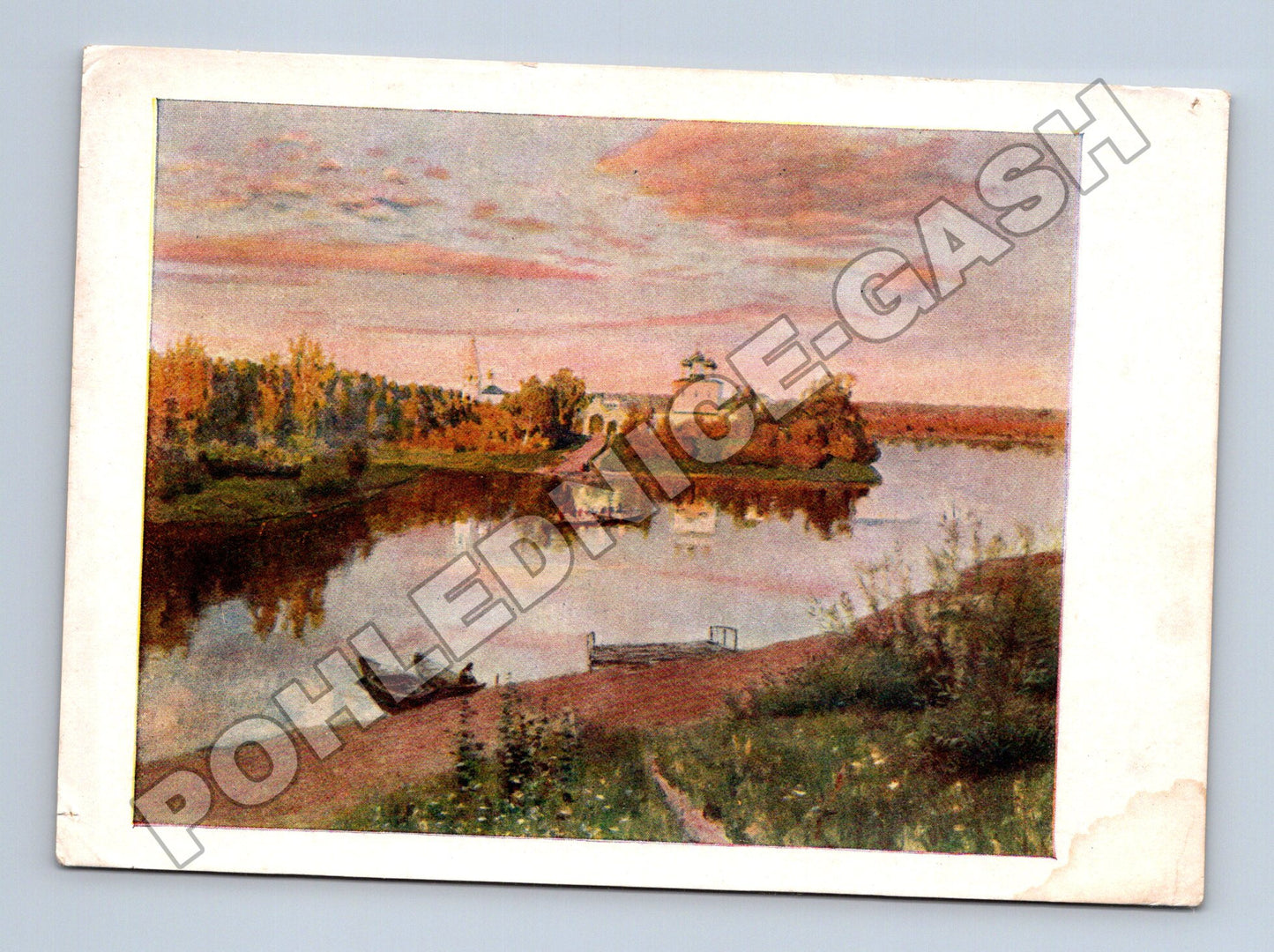 Pohlednice Rusko řeka, chrám a stromy, obraz I. Levitana 1957 (M33910)