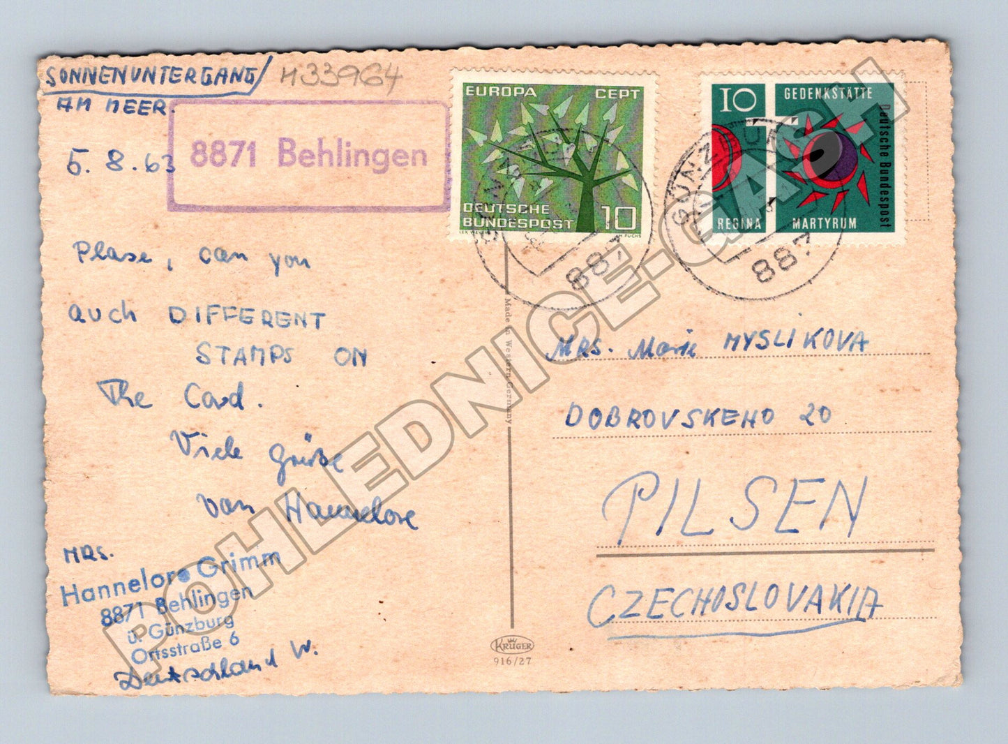 Pohlednice Německo Západ slunce nad mořem 1963 (M33964)