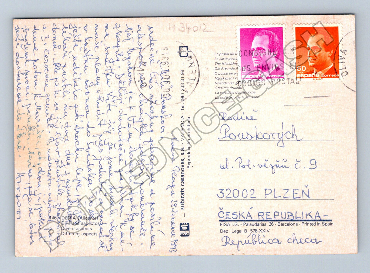 Pohlednice Španělsko Denia město a pomeranče 1993 (M34012)