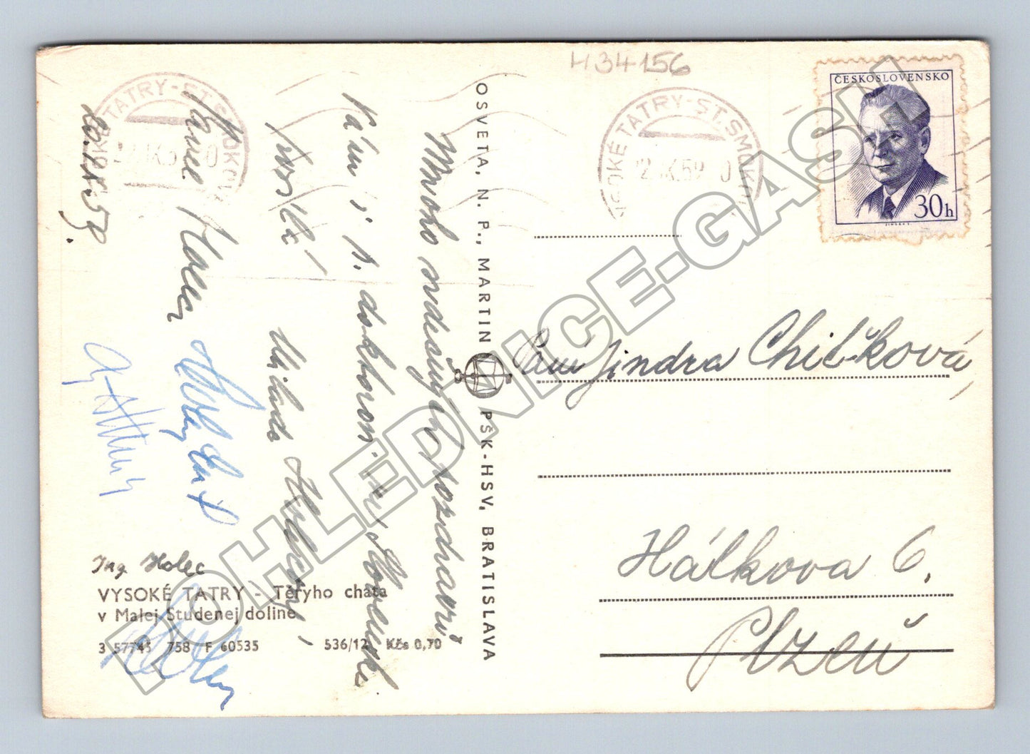 Pohlednice Slovensko Vysoké Tatry Téryho chata 1959 (M34156)