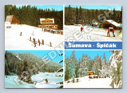 Pohlednice Šumava Špičák zimní scény lyžaři (M34204)