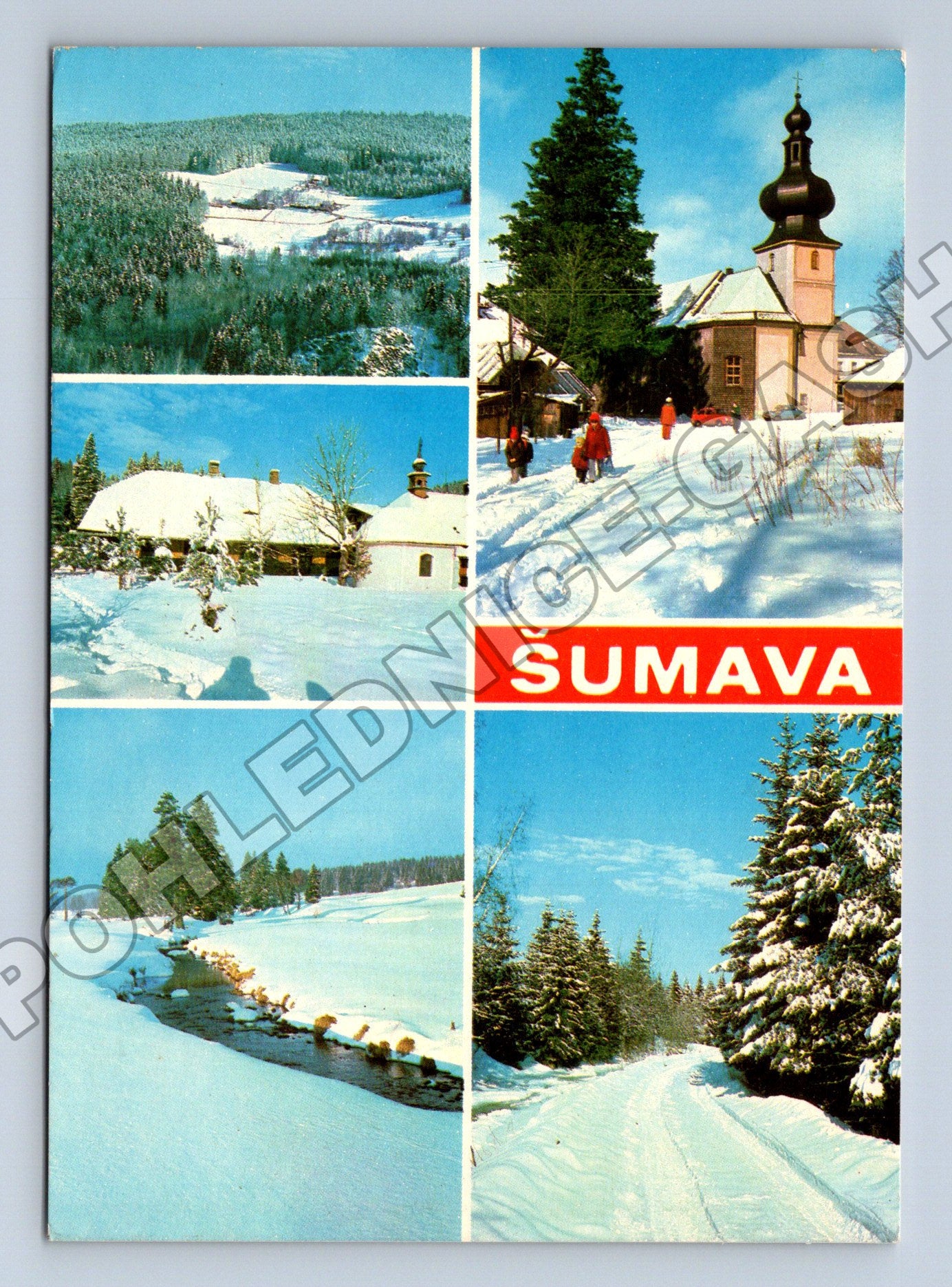 Pohlednice Šumava lyžaři zasněžená krajina 1960 (M34207)