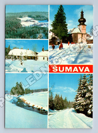 Pohlednice Šumava lyžaři zasněžená krajina 1960 (M34207)