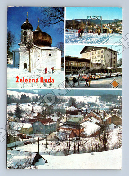 Pohlednice Železná Ruda kostel lyžařský vlek zima 1981 (M34215)