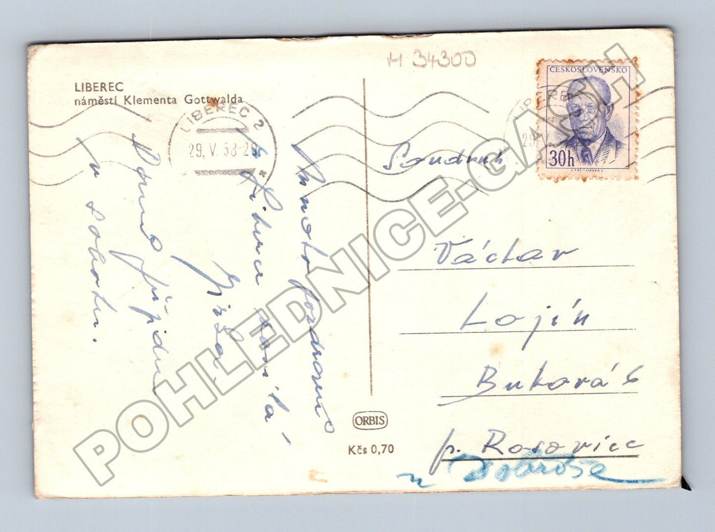 Liberec náměstí Klementa Gottwalda tramvaj sníh 1958 (M34300)