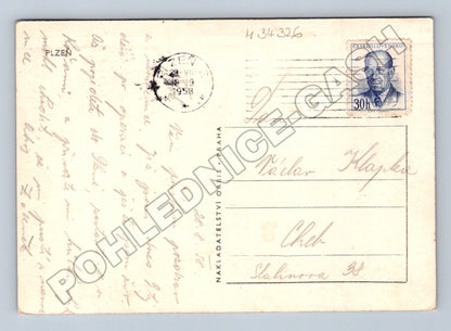Pohlednice Plzeň řeka s mostem a budovami 1958 (M34326)