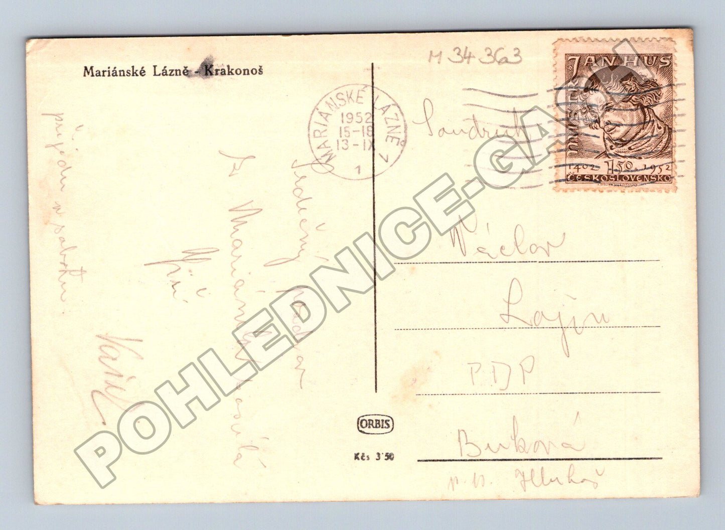 Pohlednice Mariánské Lázně socha Krákonos 1952 (M34363)