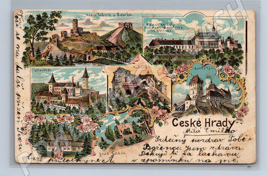 Pohlednice České hrady Karlštejn Točník Křivoklát 1897 (M3437)