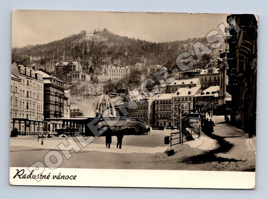 Pohlednice Karlovy Vary vánoční náměstí zimní 1958 (M34374)