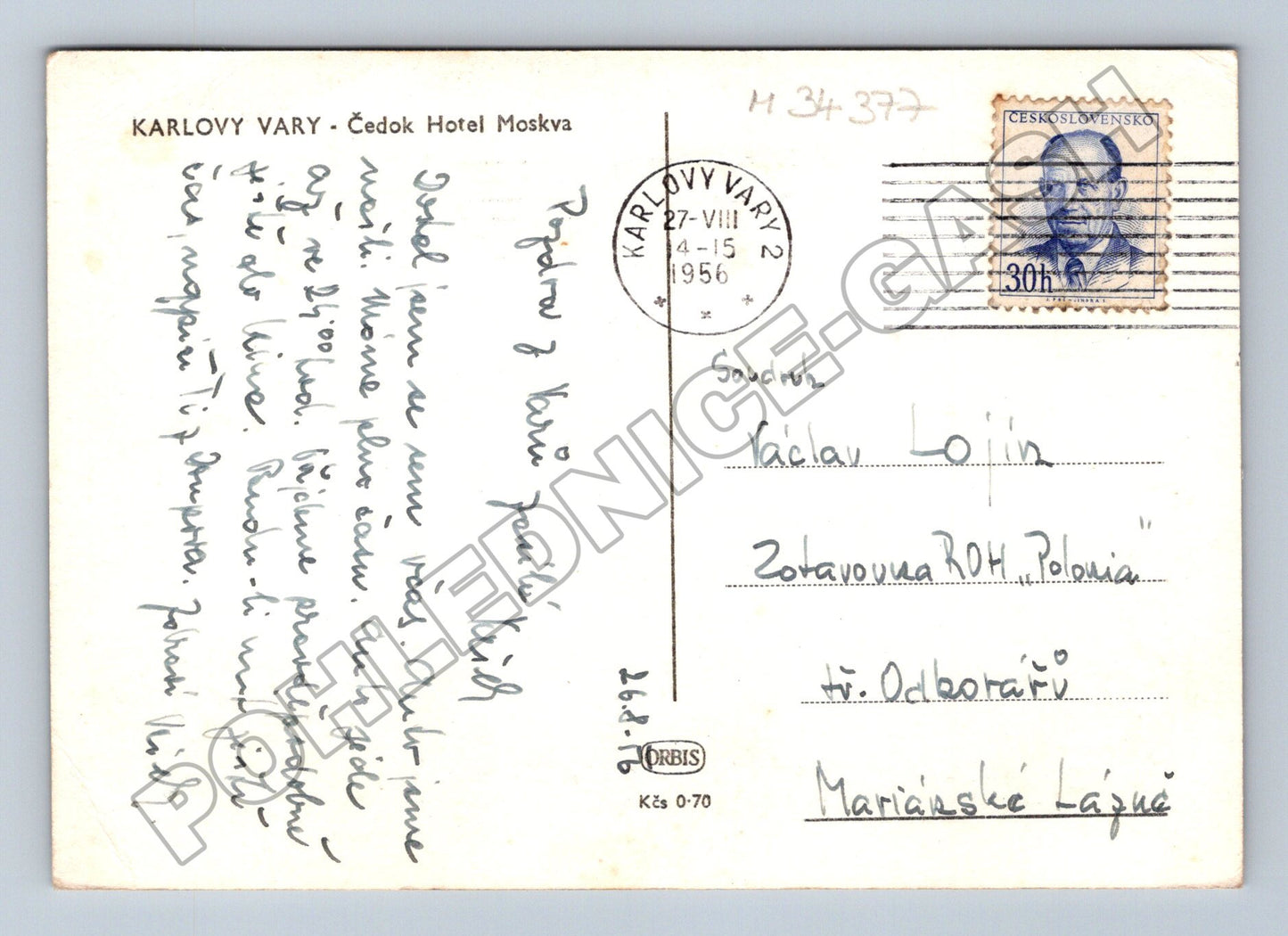 Pohlednice Karlovy Vary Hotel Moskva 1956 (M34377)