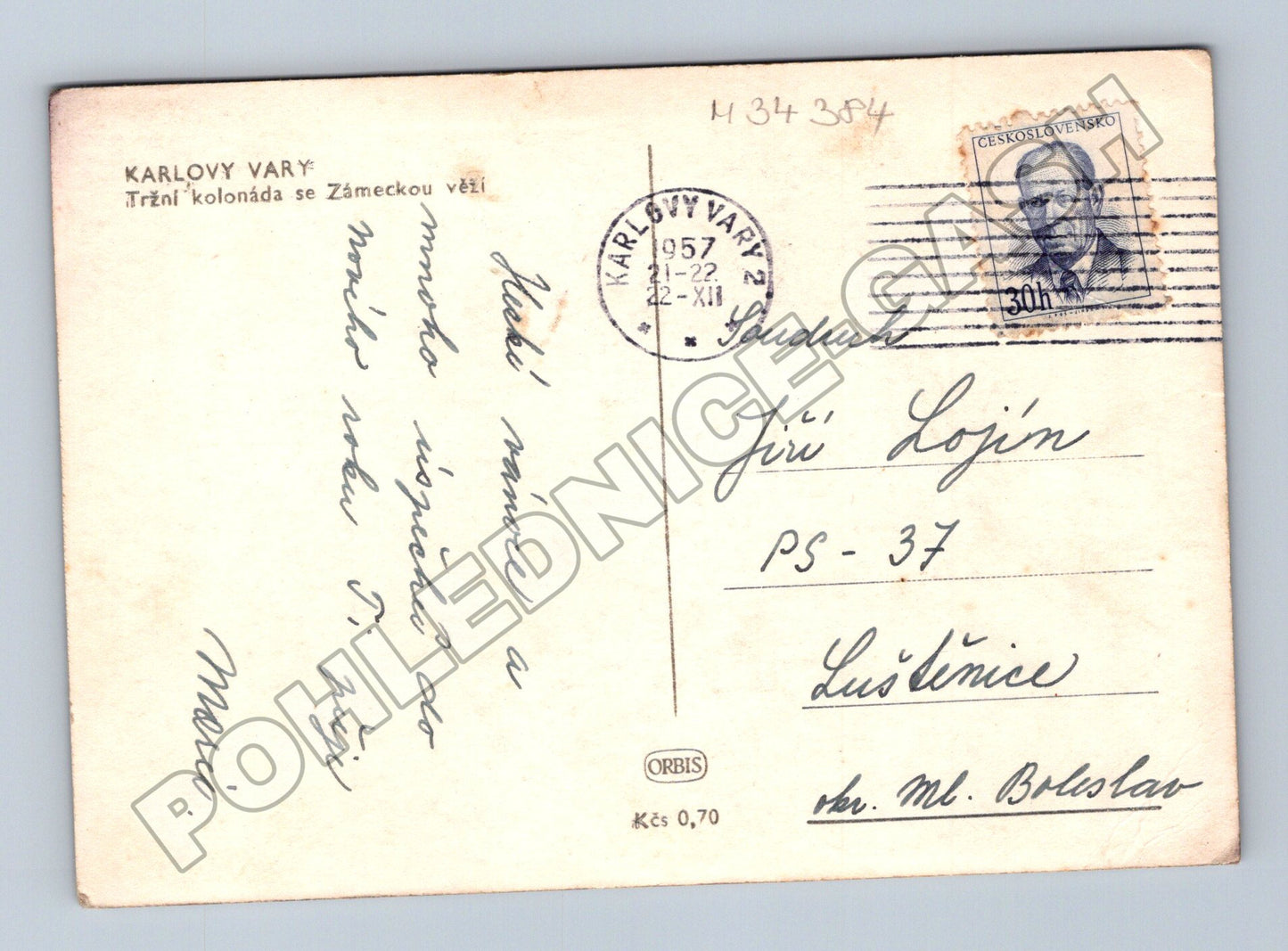 Pohlednice Karlovy Vary Tržní kolonáda zima 1957 (M34384)
