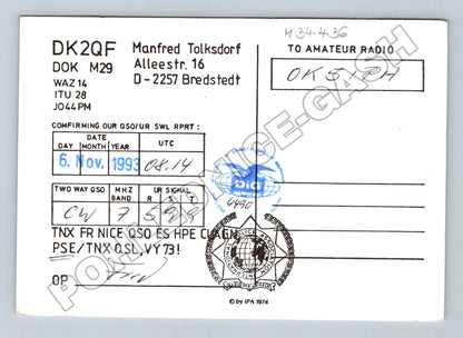 Pohlednice Německo radioamatérská karta DK2QF 1993 (M34436)