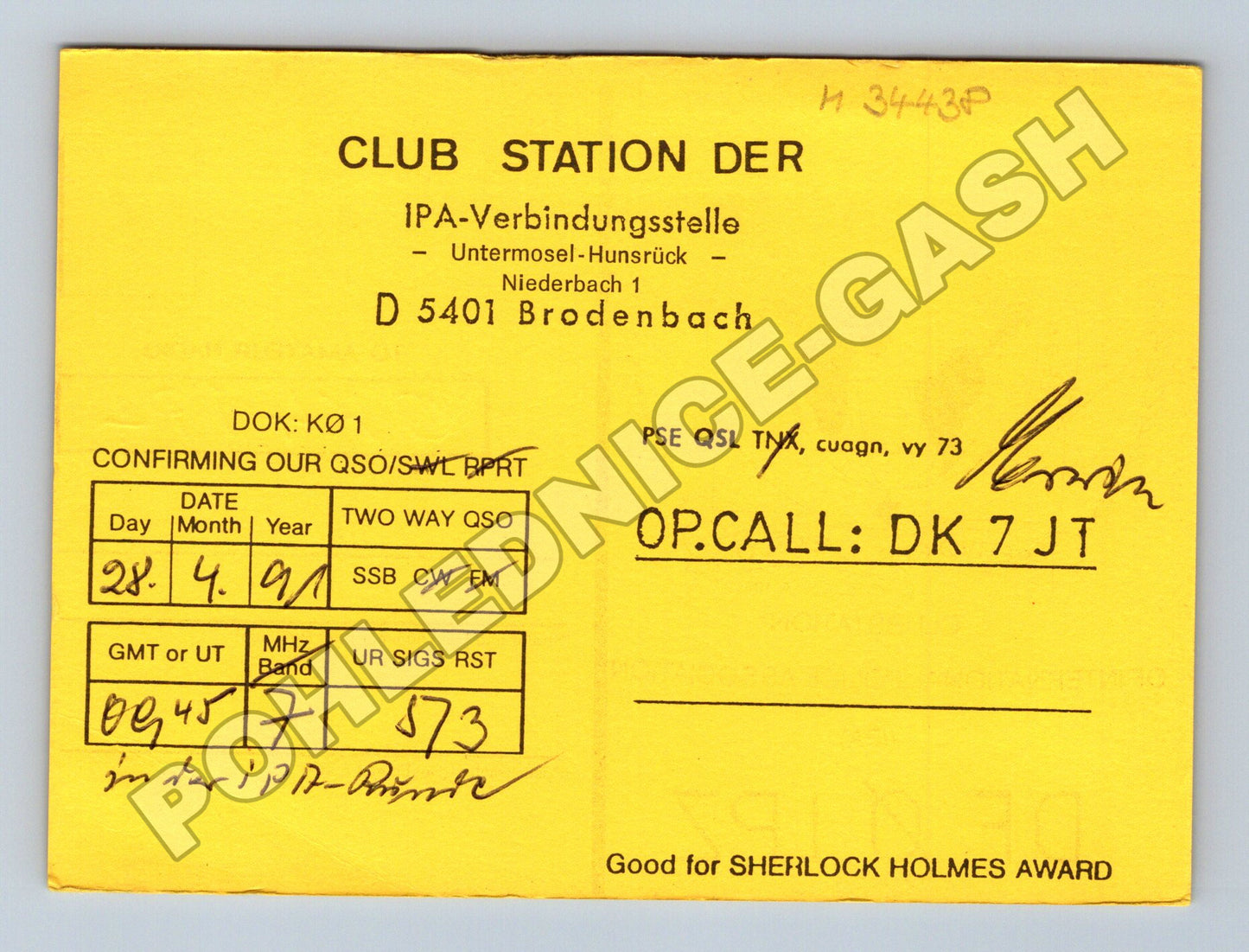 Pohlednice Německo QSL karta IPA Brodenbach 1991 (M34438)