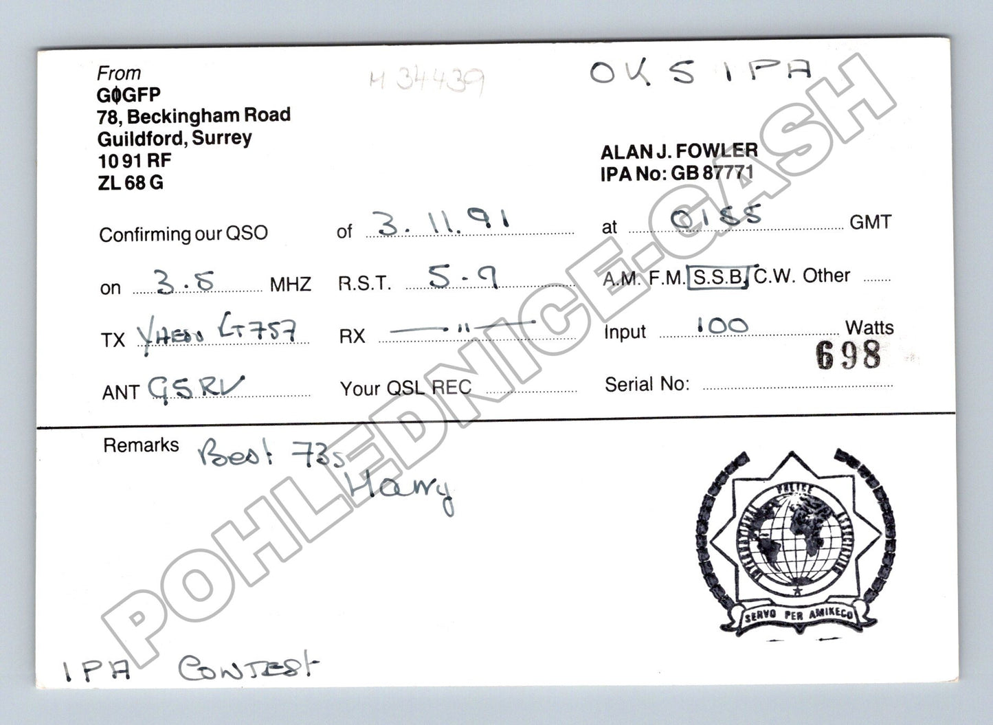 Pohlednice Velká Británie QSL IPA policista 1991 (M34439)