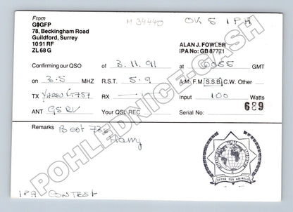 Pohlednice Velká Británie radioamatérská QSL karta 1991 (M34440)