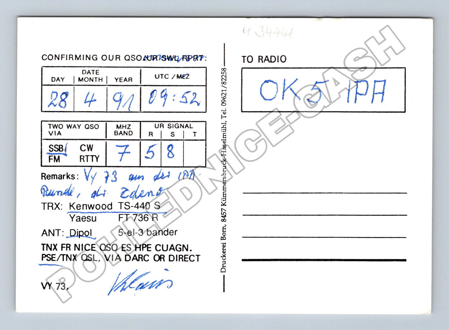 Pohlednice Německo Hamburk DF2HU QSL karta 1991 (M34441)