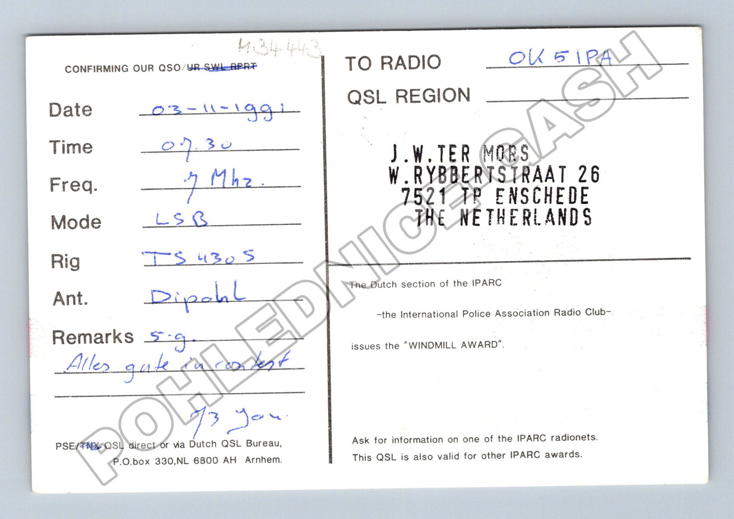 Pohlednice Holandsko amatérské rádio IPA PA3CZE 1991 (M34443)