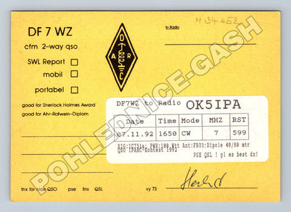 Pohlednice Německo QSL karta DF7WZ radioamatér 1992 (M34452)