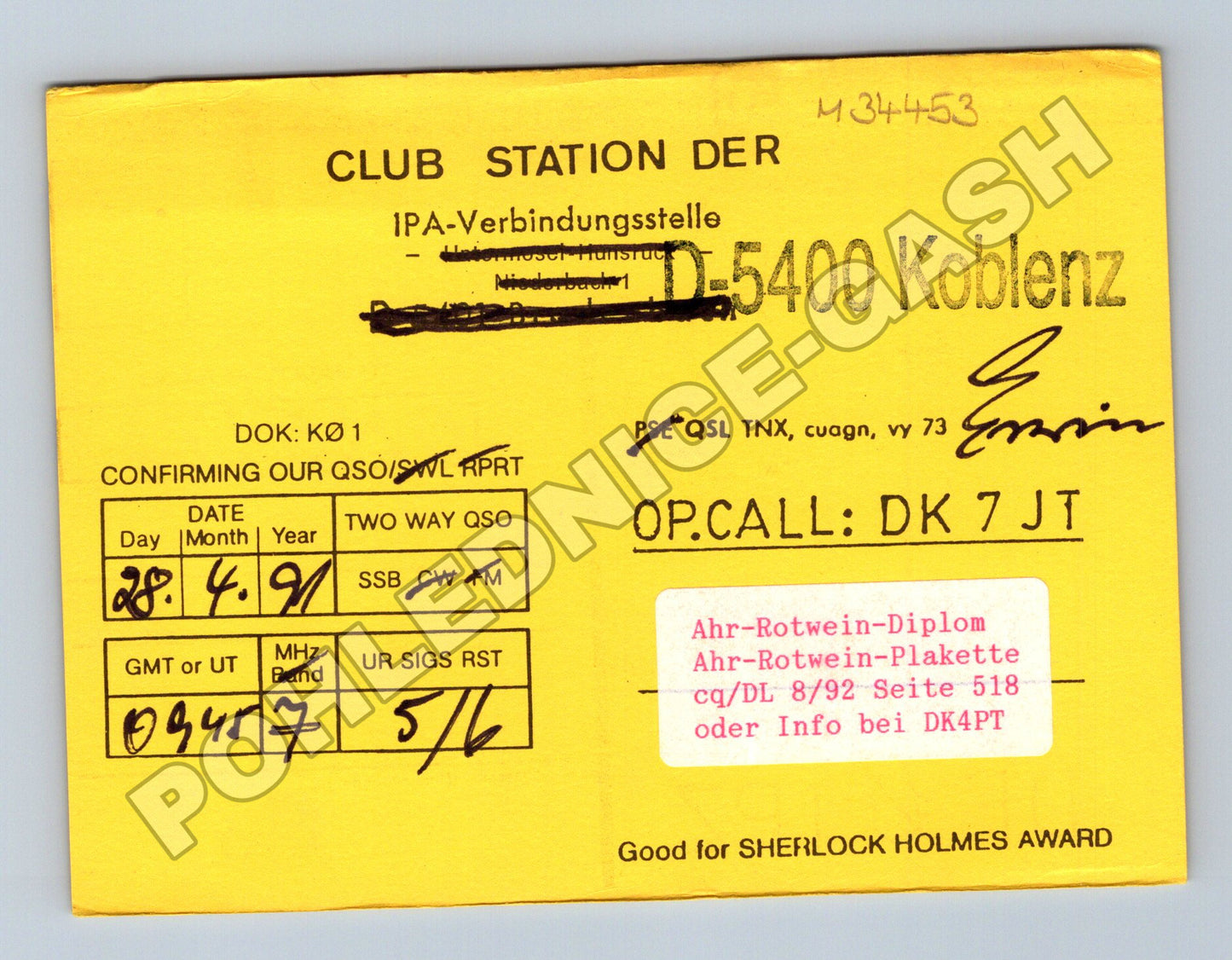 Pohlednice Německo IPA QSL karta Koblenz 1991 (M34453)