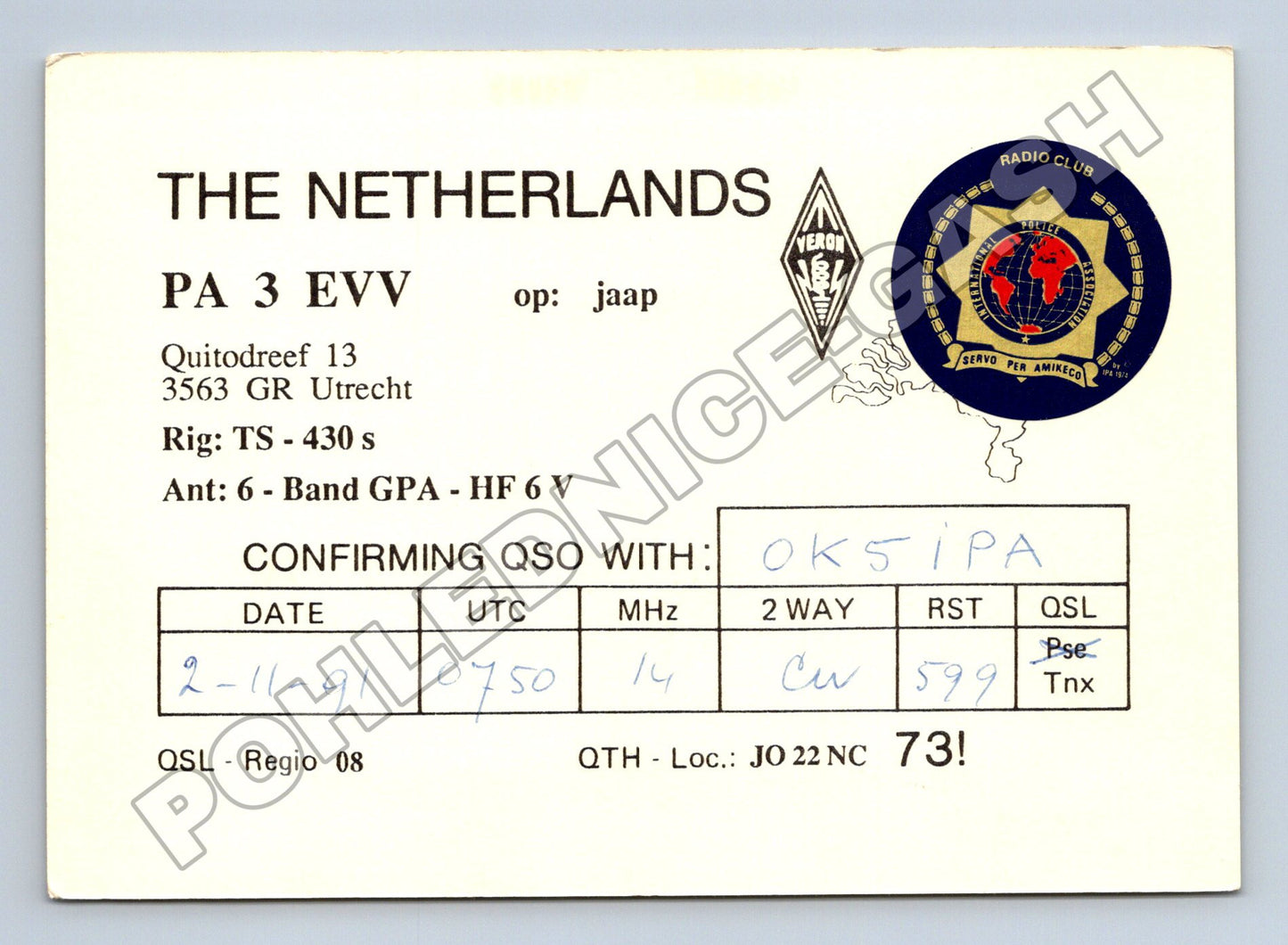 Pohlednice Holandsko QSL karta radioklub 1991 (M34459)