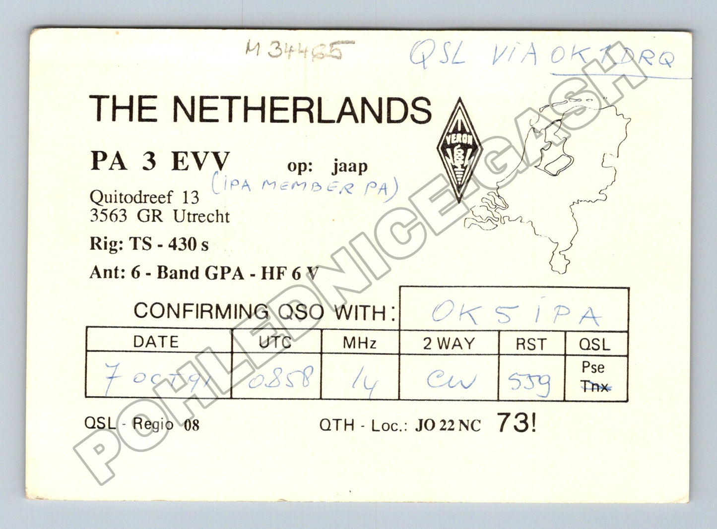 Pohlednice Nizozemsko QSL Jaap PA3EVV 1991 (M34465)