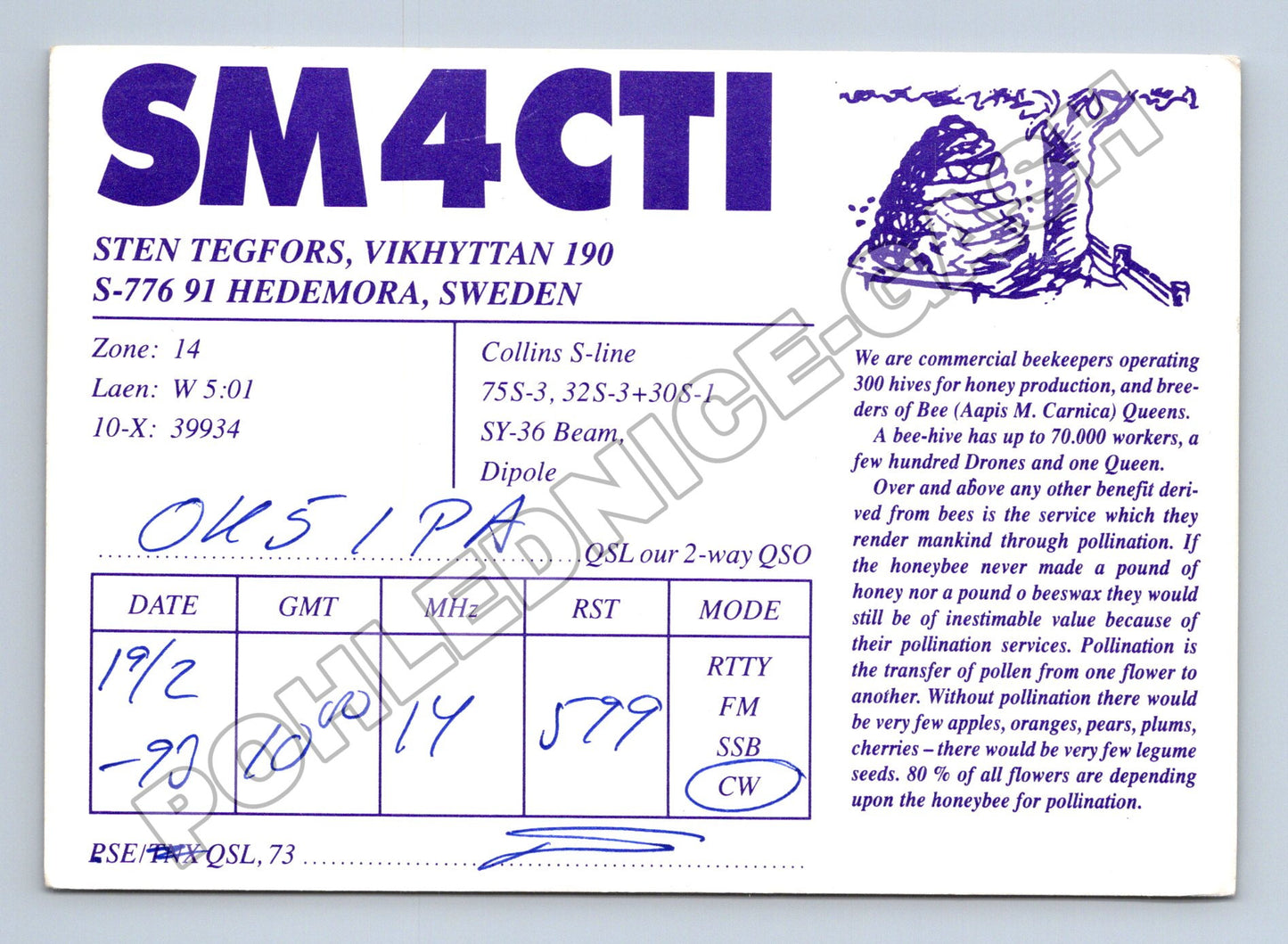Pohlednice Švédsko QSL karta SM4CTI radioamatér 1993 (M34466)