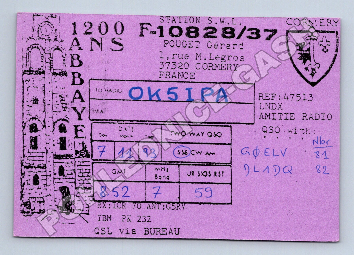 Pohlednice Francie QSL karta radioamatér OK5IPA 1993 (M34467)