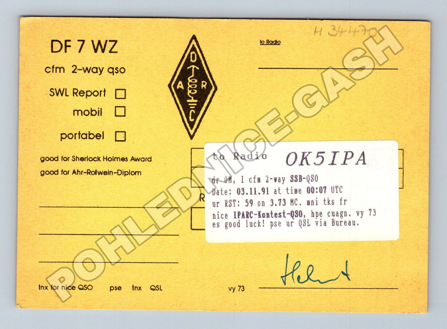 Pohlednice Německo radioamatérská karta DF7WZ 1991 (M34470)
