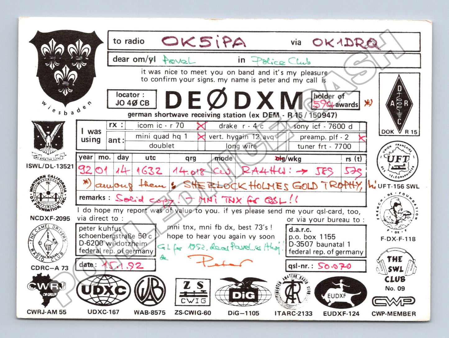 Pohlednice Německo QSL karta DE0DXM 1992 (M34471)