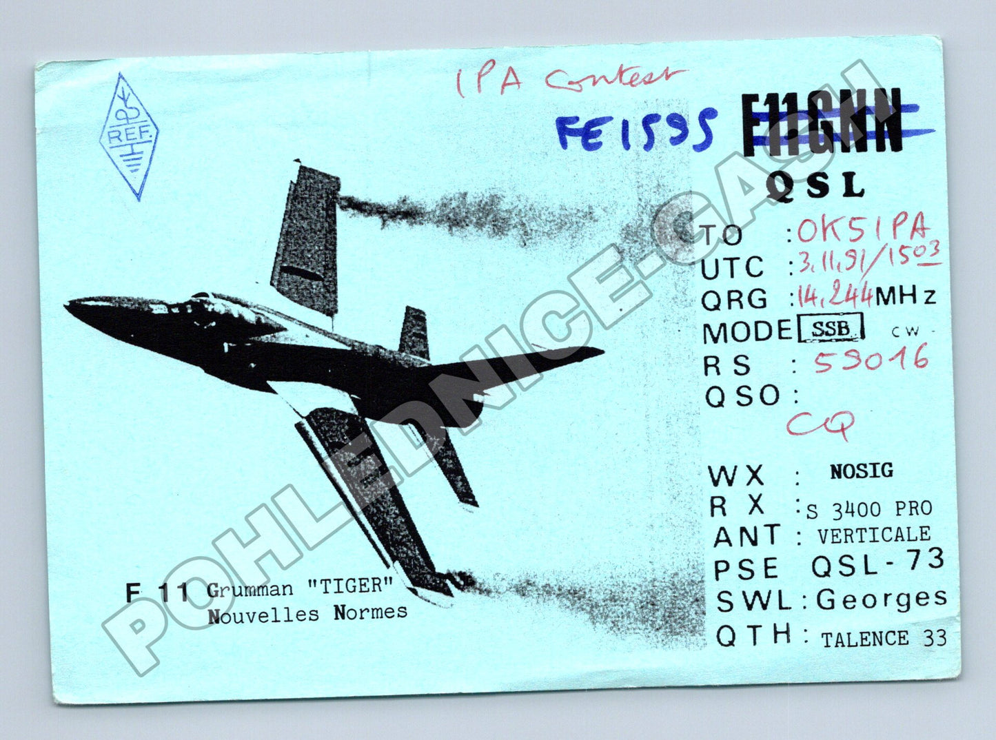 Pohlednice Francie QSL karta letadlo F11 Grumman 1991 (M34474)