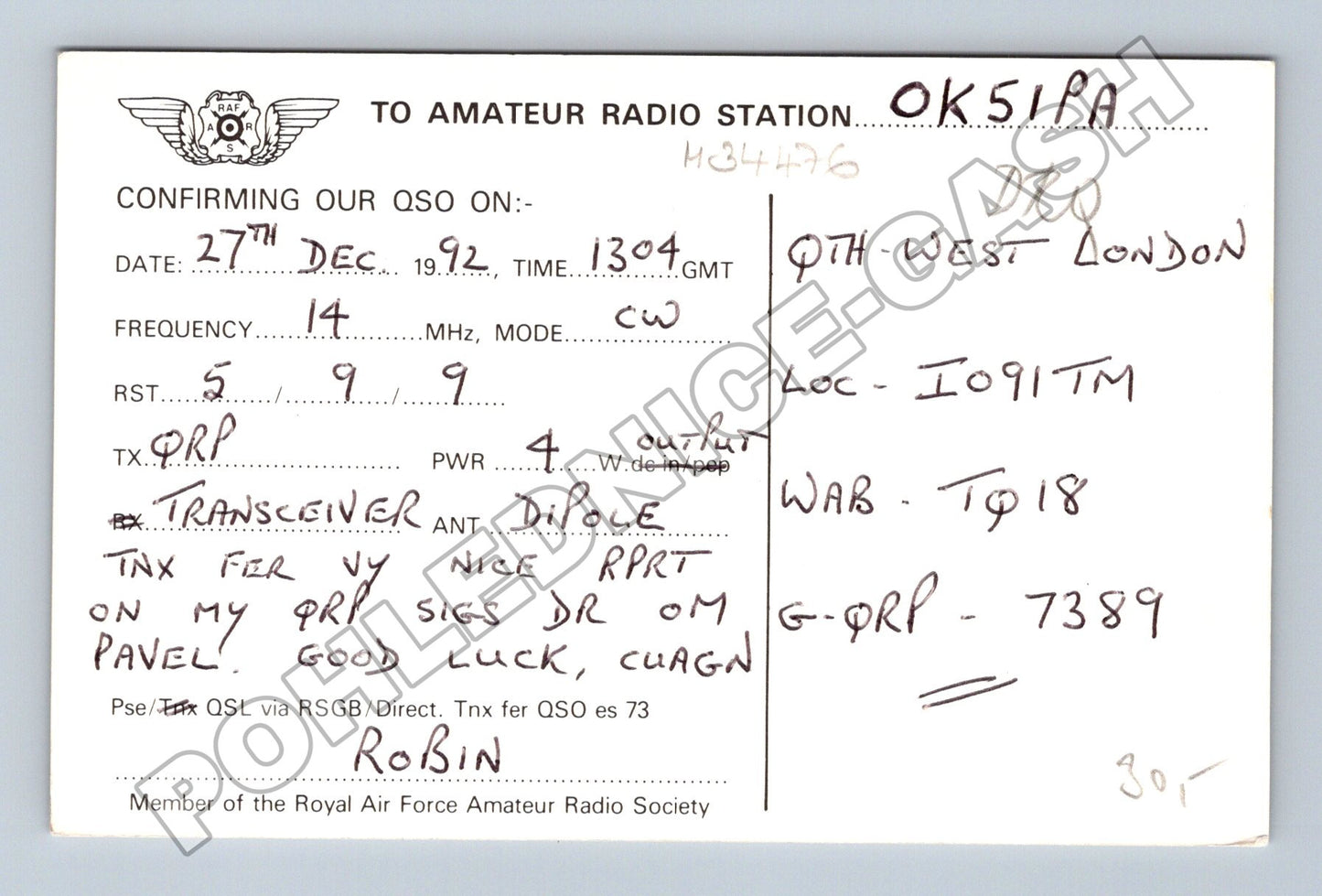 Pohlednice Velká Británie QSL karta Lancaster 1992 (M34476)