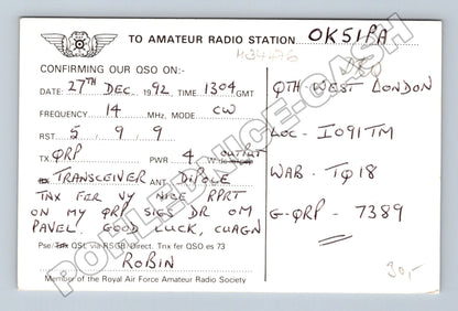 Pohlednice Velká Británie QSL karta Lancaster 1992 (M34476)