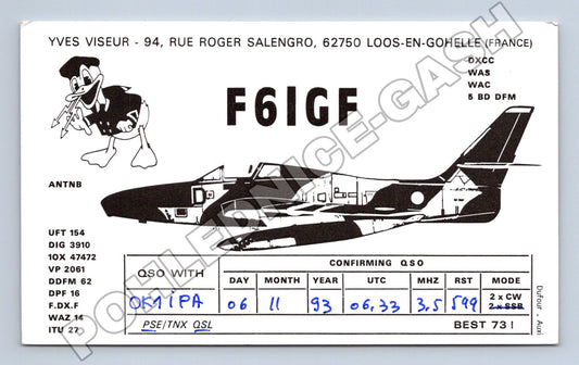 Pohlednice Francie QSL karta letadlo F-84F Donald Duck 1993 (M34477)